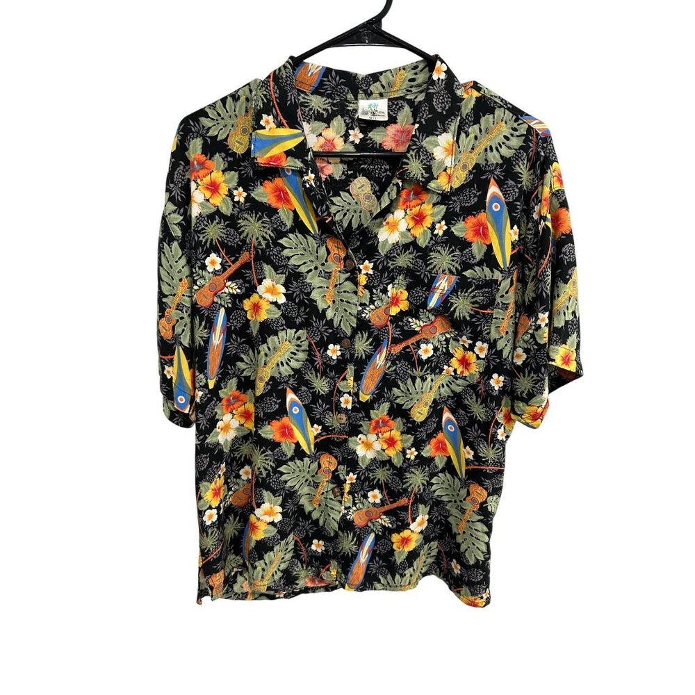 Island Planet Miami Beach Hawaiian Shirt M Tropical Surfboard Floral Black Rayon